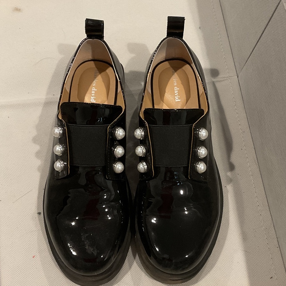 Charles David Black Patent Leather Loafers with Pearl Accents